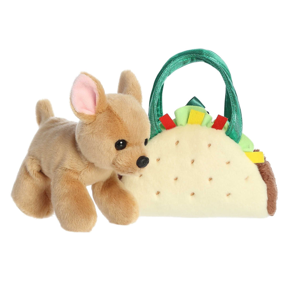 Aurora Fancy Pals Taco 7in plush set: tan dog plush with taco-shaped bag and green handle