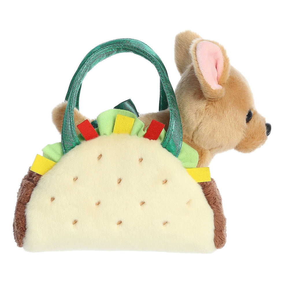 Aurora Fancy Pals Taco 7-inch plush toy with a soft taco shell and a cuddly mouse peeking out, green strap