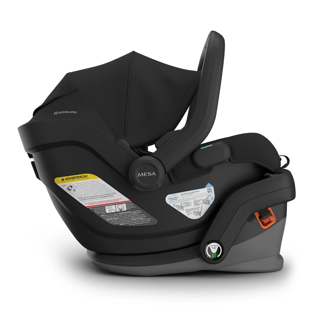 UPPAbaby Mesa V3 infant car seat in sleek black securely mounted on its base with orange latch.