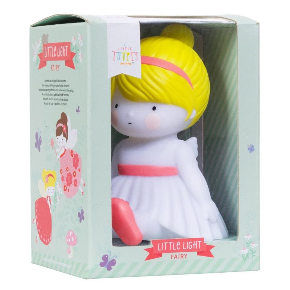 Little Light Fairy night light by A Little Lovely Company in pastel packaging with white dress and yellow hair