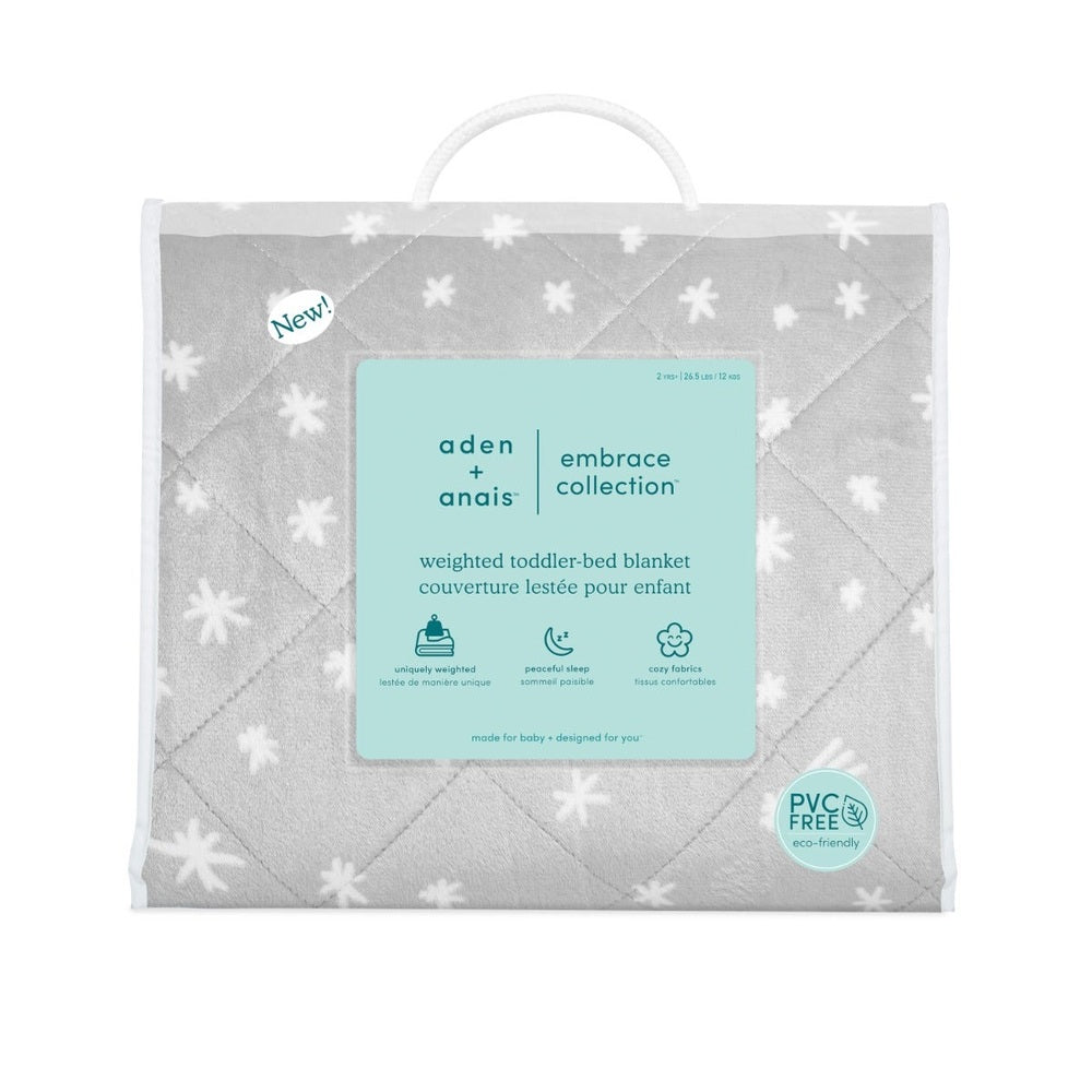 Aden+Anais Embrace Collection weighted toddler-bed blanket, Winter Sky grey with white snowflakes, PVC-free