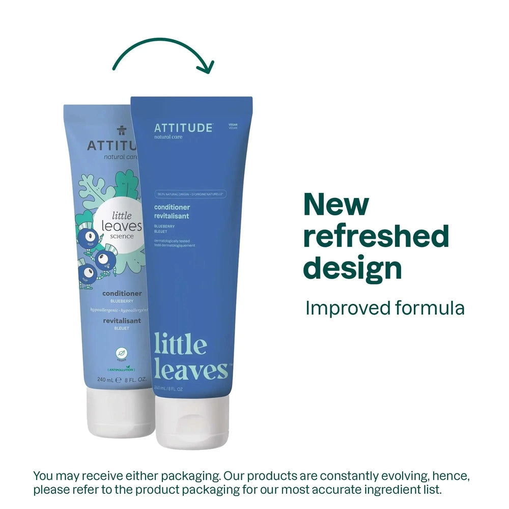 Attitude Conditioner 240 ml bottles, blue packaging with Little Leaves art; foreground bottle shows refreshed design.