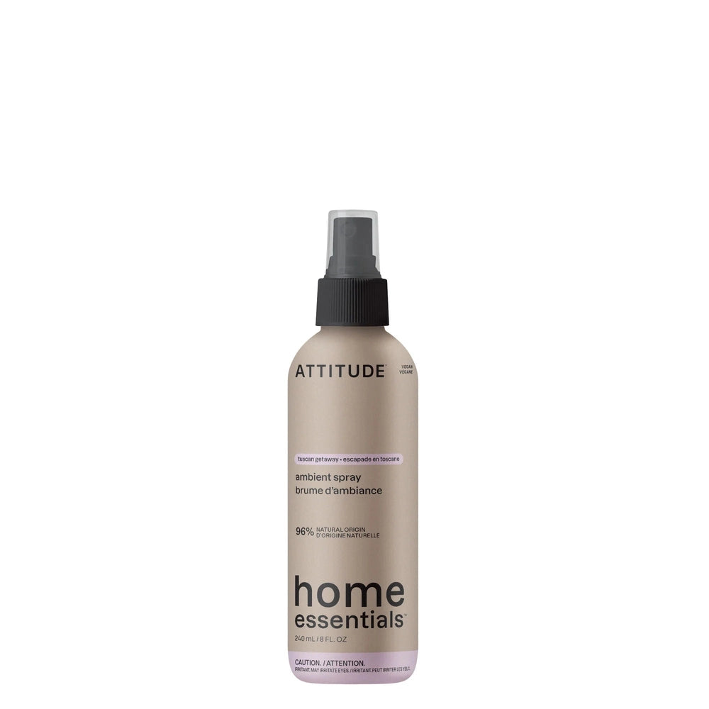 Attitude room spray in beige bottle with black nozzle; tuscan getaway scent and 96% natural origin.