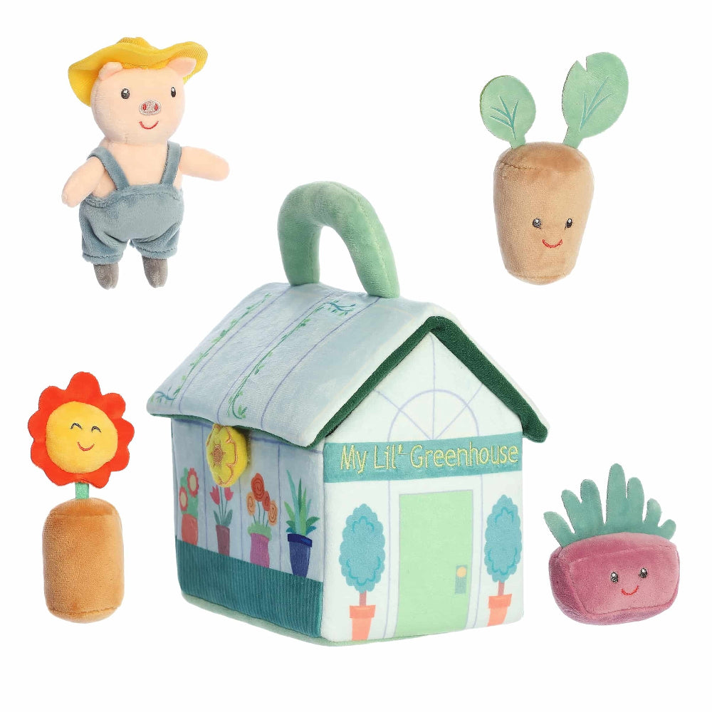 Aurora Ebba Baby Talk My First Greenhouse plush set with 5 pieces including house, pig farmer, carrot, sunflower and plant