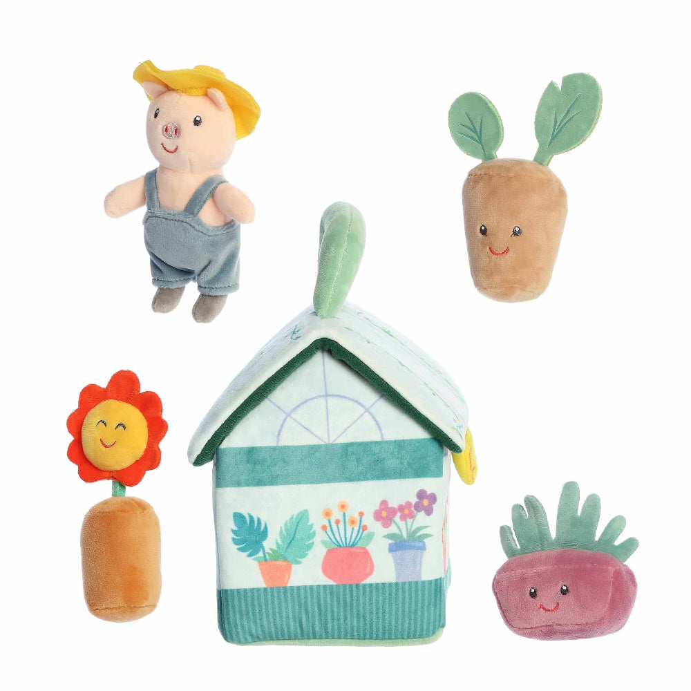 Aurora Ebba My First Greenhouse plush set with garden house and 4 toys: pig, carrot, sunflower, leafy plant