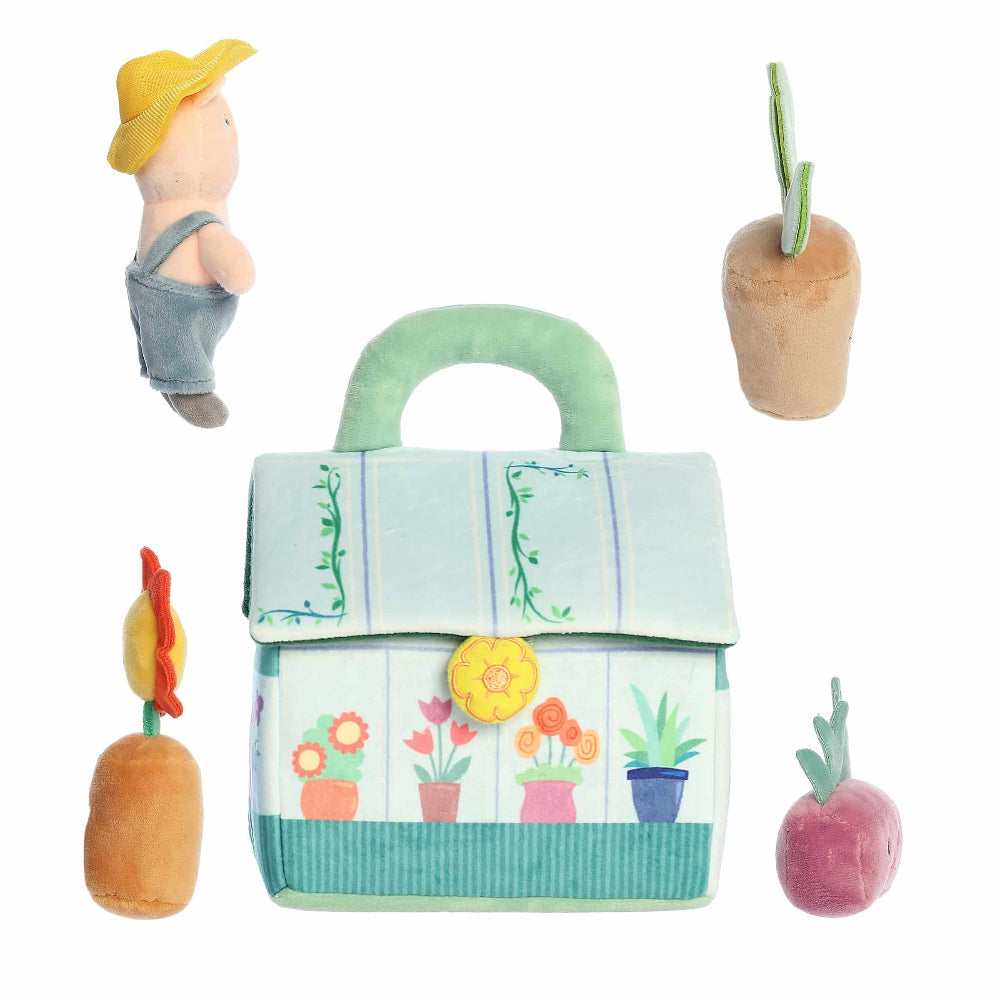 Aurora Ebba Baby Talk My First Greenhouse 5-piece plush set with pastel garden bag, gardener figure, carrot and beet toys