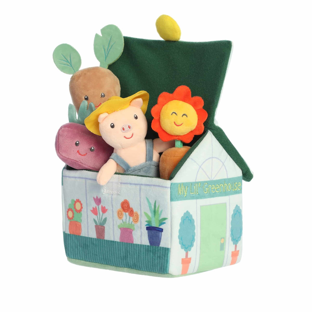 Aurora Ebba Baby Talk My First Greenhouse plush set with 5 garden-themed toys in a soft green greenhouse