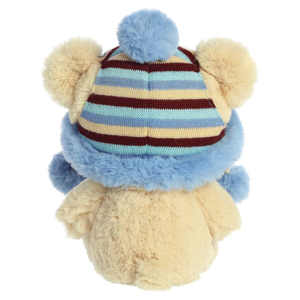 Aurora Bonnie 13-inch plush bear with blue and beige fur and striped knit hat