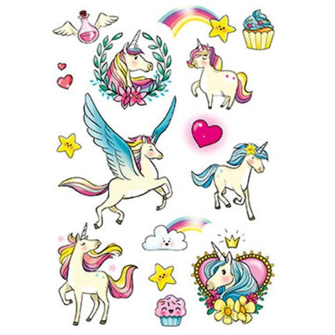 Avenue Mandarine Tattoo Mania unicorn sticker sheet with colorful unicorns, rainbows, stars and hearts