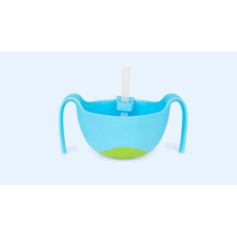 B.Box Bowl XL & Straw blue feeding bowl with lime-green base and built-in straw, ready for a toddler's sip