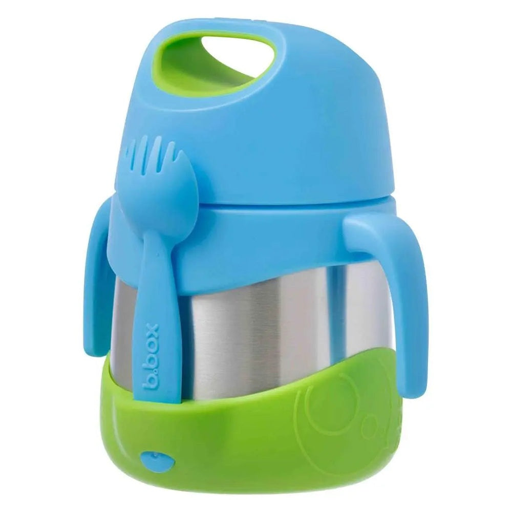B.Box Insulated Food Jar in blue with lime-green base; stainless steel body and attached spoon resting on the side.