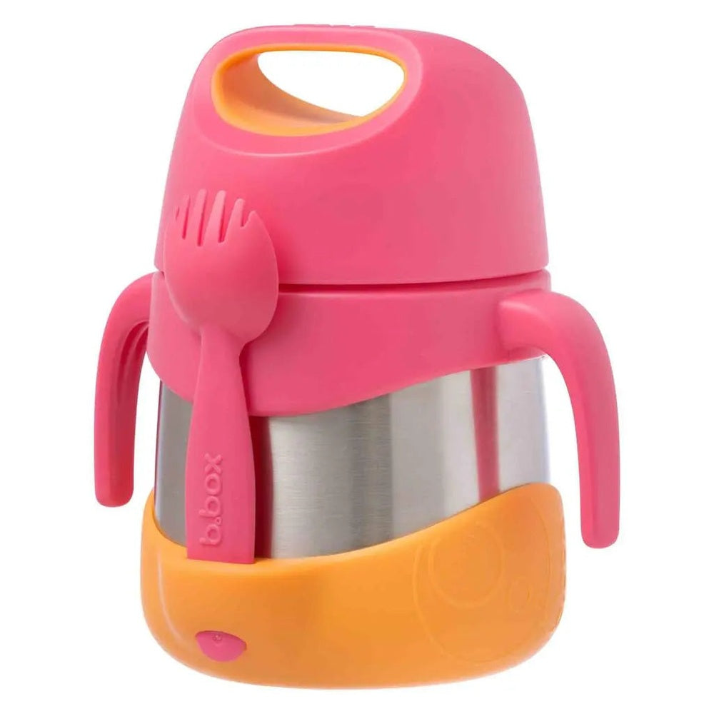 B.Box Insulated Food Jar in pink with orange base, stainless steel body, and spoon attached at the side.