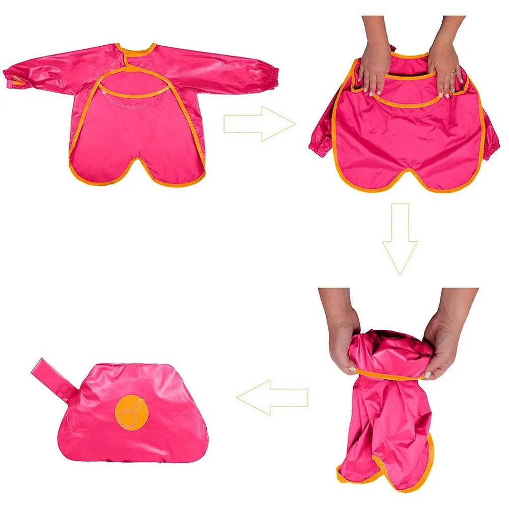 B.Box Smock Bib 6M–2Y in bright pink with yellow trim, shown folding into the matching storage pouch.