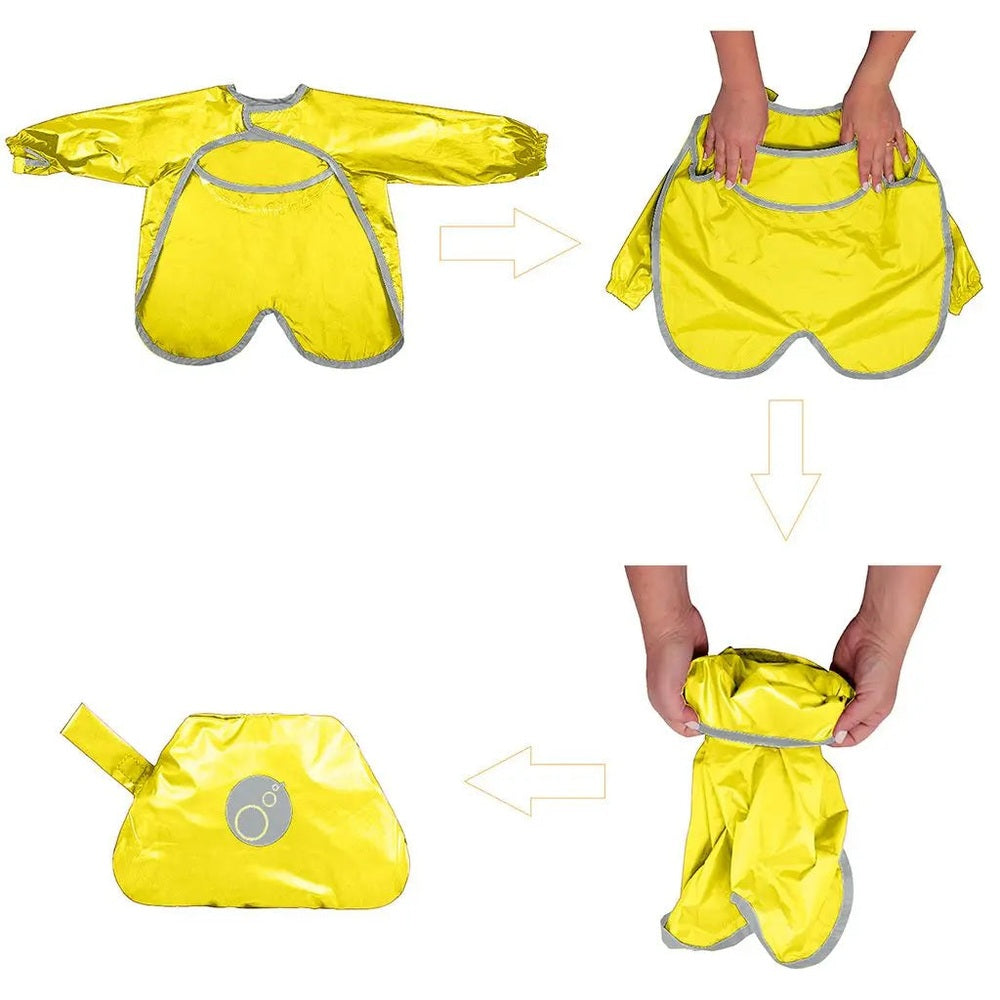 B.Box Smock Bib for 6M–2Yrs in bright yellow; waterproof sleeves and built-in catch pouch with folding demo.