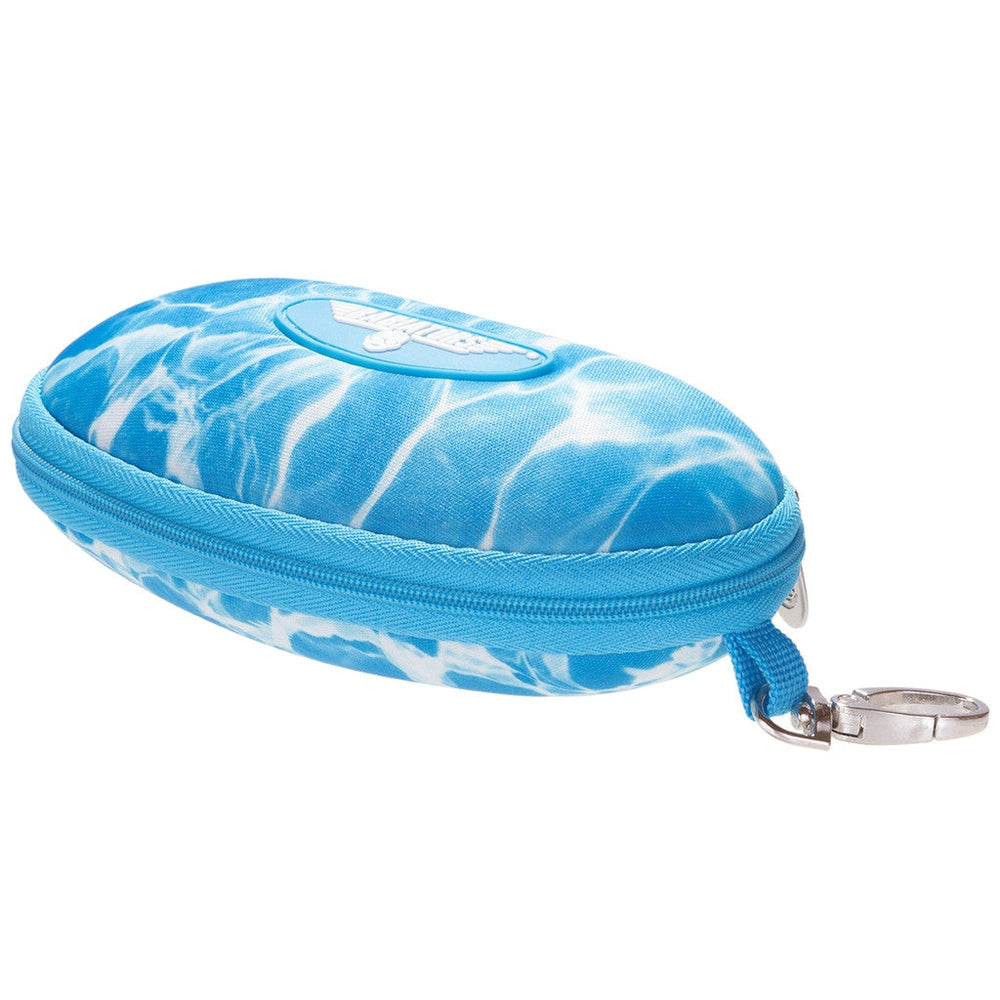 Babiators hard pool print travel case; blue fabric, zip closure, metal keychain clip