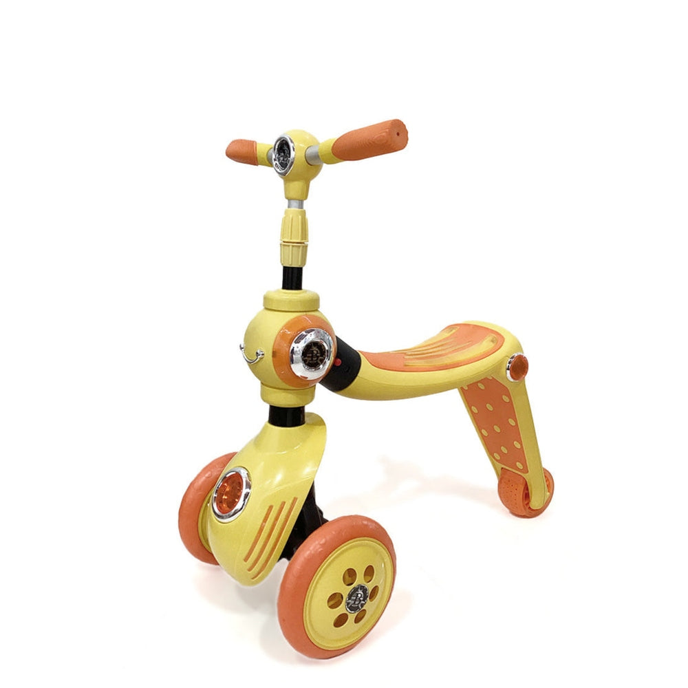 Baby Idol 2-in-1 Ride On Scooter in yellow/orange, three wheels with orange handlebars and integrated seat deck