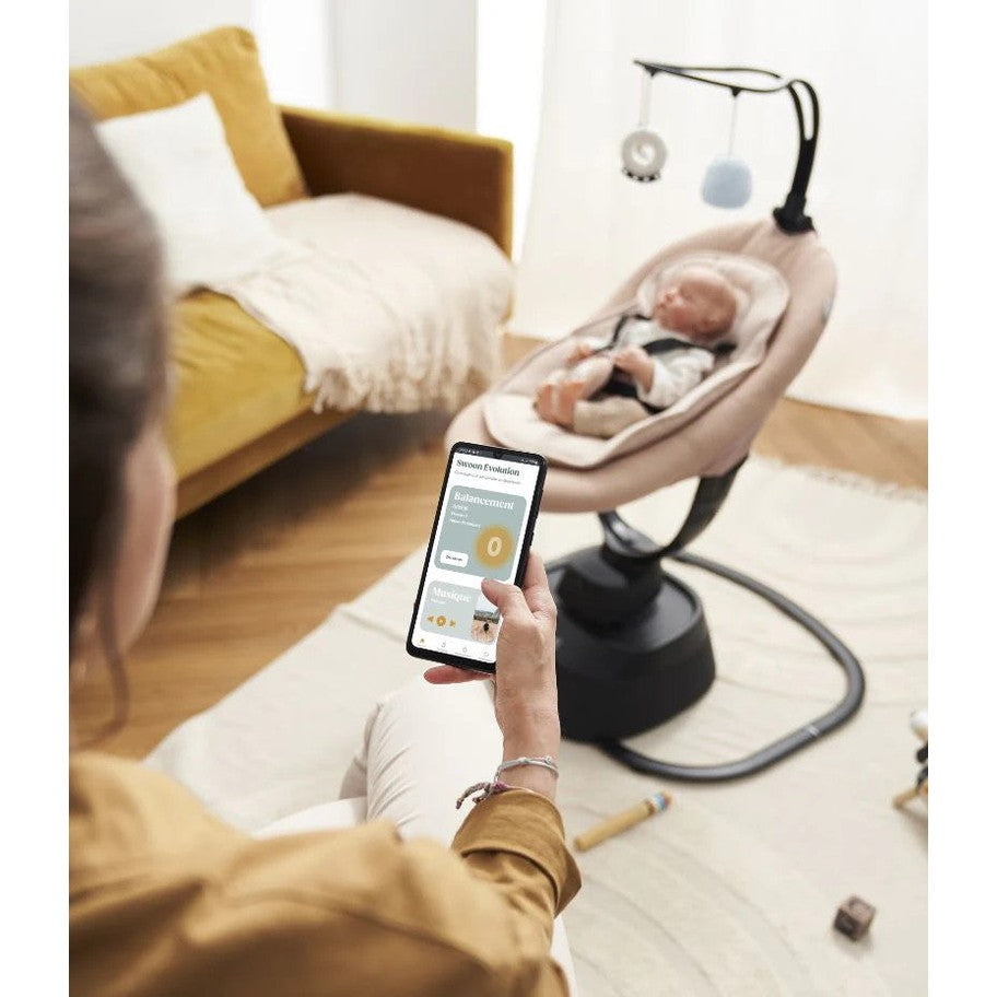 Babymoov Swoon Evolution Connect Mocca baby swing with beige seat and overhead mobile