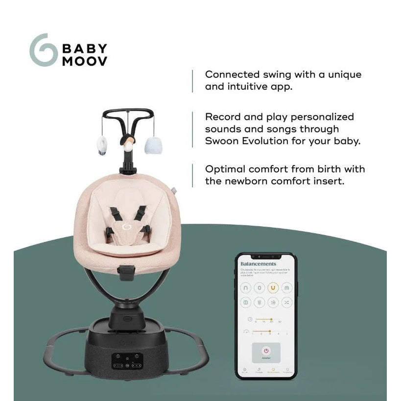 Babymoov Swoon Evolution Connect baby swing in mocca with app control and hanging toys