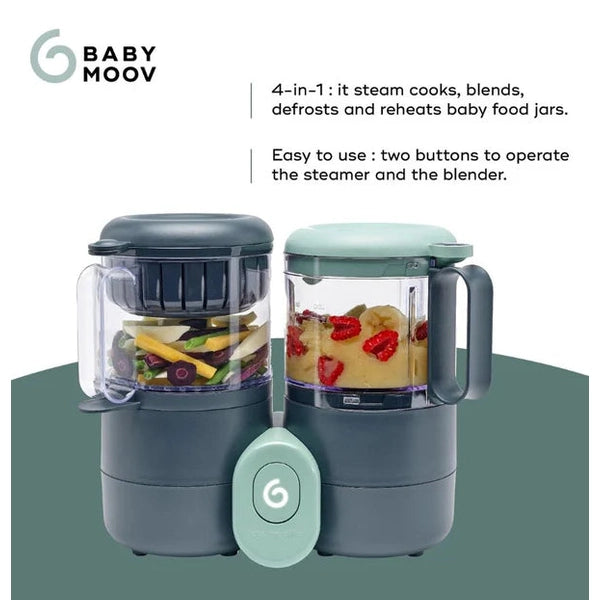 Babymoov Duo Meal Lite baby food maker with two teal jars and dual steamer/blender