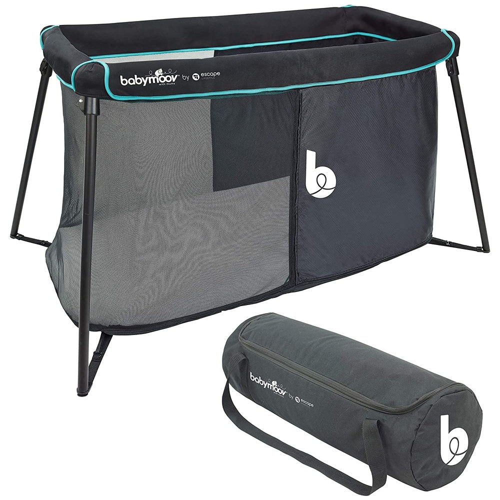 Babymoov Naos travel crib and playard with mesh sides, black and gray frame, turquoise trim, includes carry bag