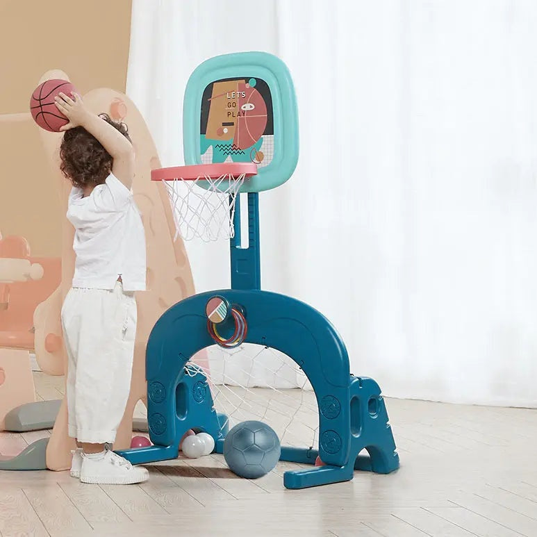 BC Babycare 5 In 1 Slide playset in blue with mini basketball hoop; child shoots ball into hoop.