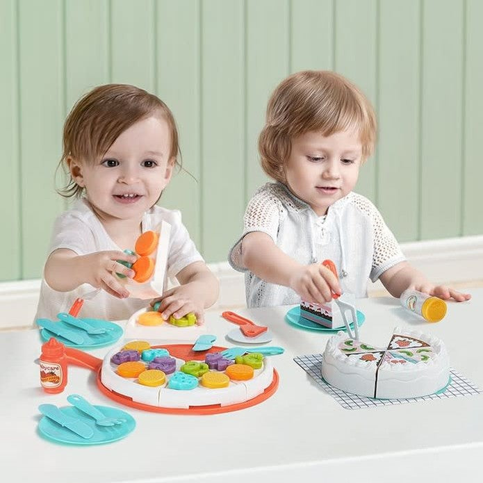 BC Babycare Little Cooker Pizza Set Toy for two toddlers with colorful plastic pizzas and utensils.