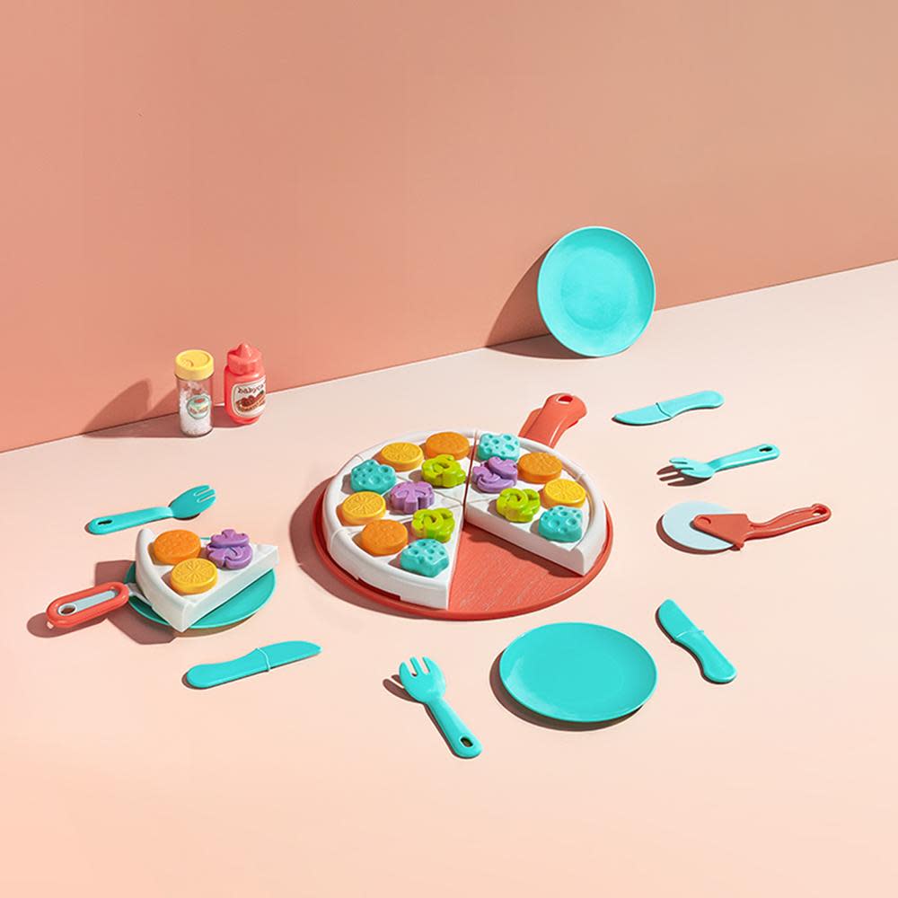 BC Babycare Little Cooker Pizza Set toy with turquoise utensils and colorful pizza slices on a round red tray