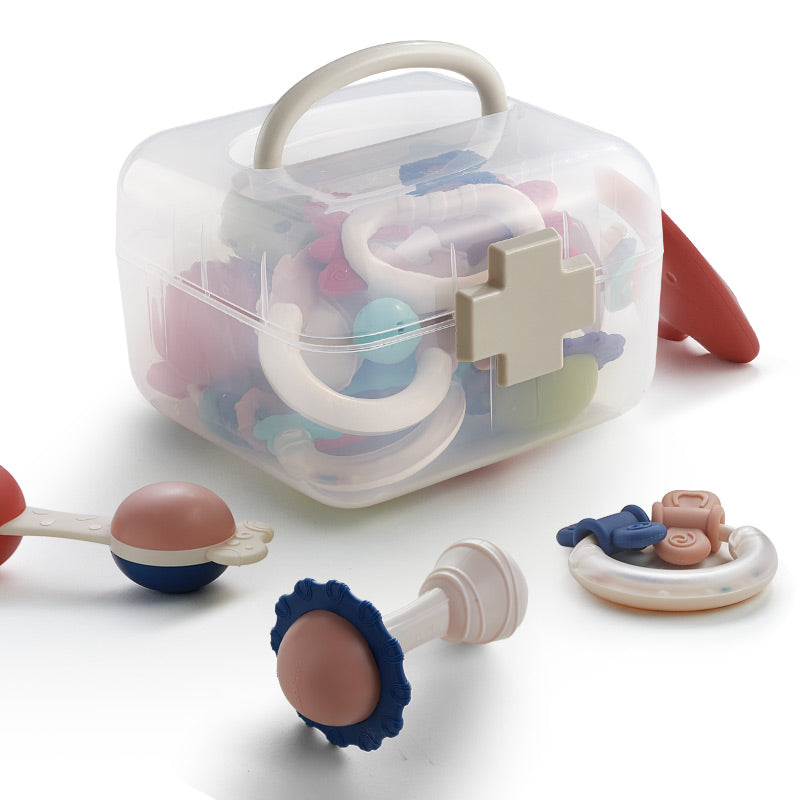 BC Babycare shower toy and teether set in a clear storage case with pastel silicone teethers