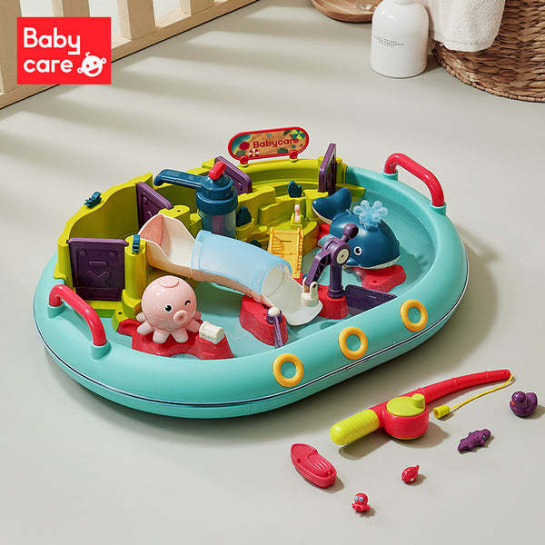 BC Babycare Water Park Toy Set; blue circular bath playset with colorful figures and slides.