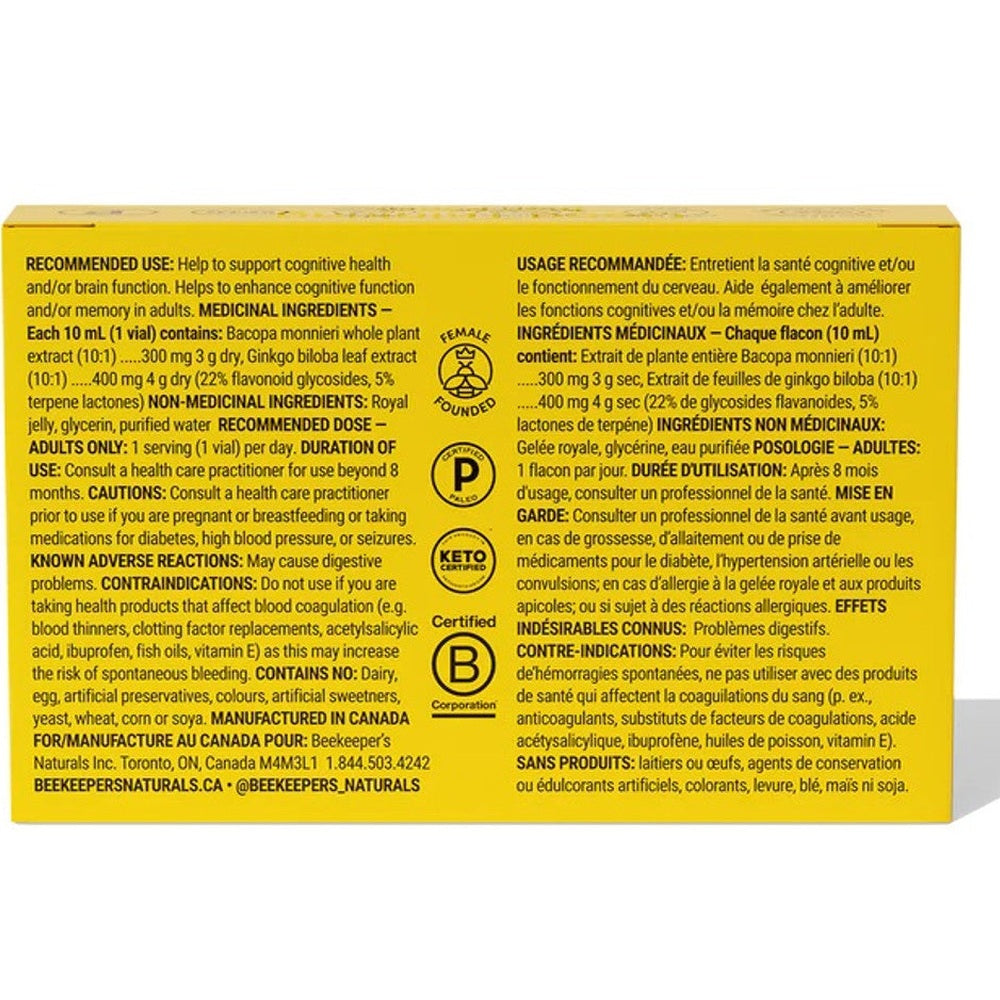 Beekeeper's Naturals B. LXR Brain Fuel 24×10 ml box with yellow packaging and black text