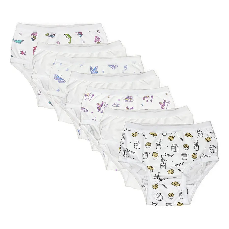Bellabu Bear Girls Bamboo Underwear 7-pack, white base with assorted prints, neatly fanned to show all designs.