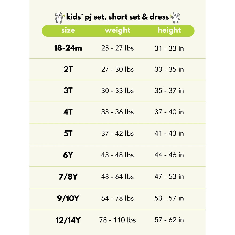 Bellabu Bear Varsity Blue Bamboo Kids Pajamas size chart showing weight and height ranges for Paw Patrol.