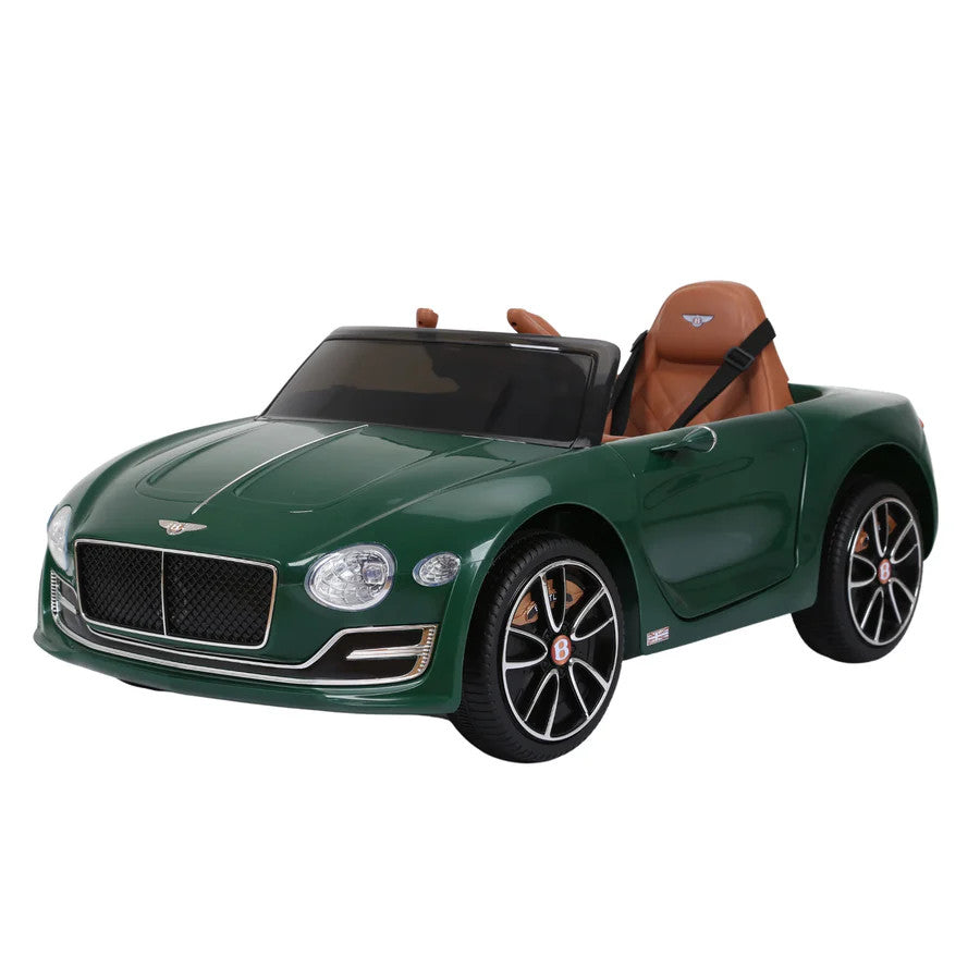 Bentley Exp 12 Speed 6E ride-on car for kids in green with brown leather seat and black alloy wheels