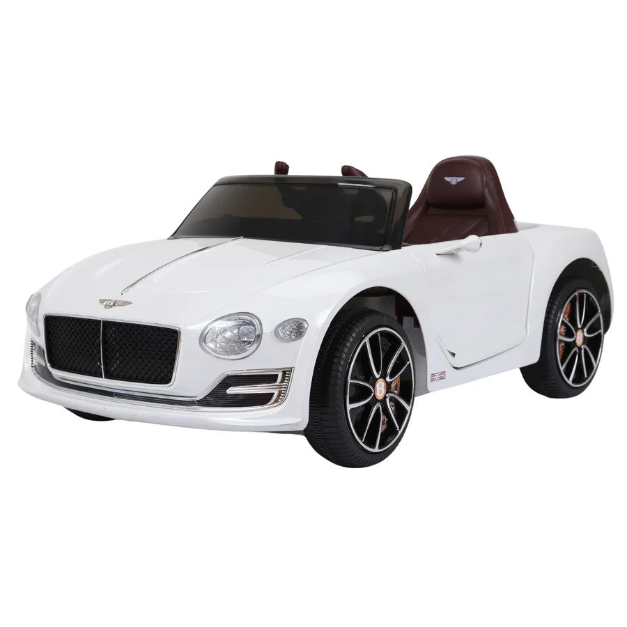 Bentley Exp 12 Speed 6E ride-on car for kids, white convertible with maroon seat and black alloy wheels