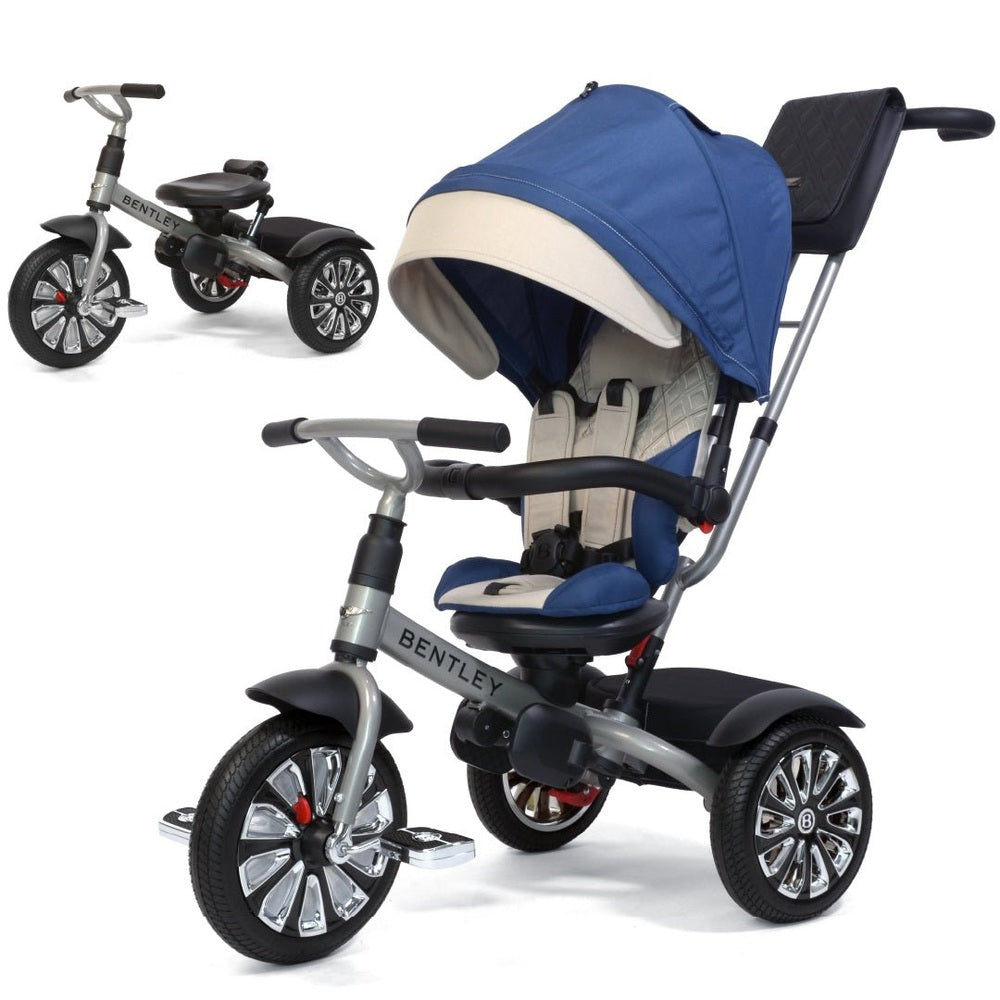 Bentley Trike 6-in-1 V2 Mulliner Cool Stone with blue canopy, padded seat, 3-wheel design