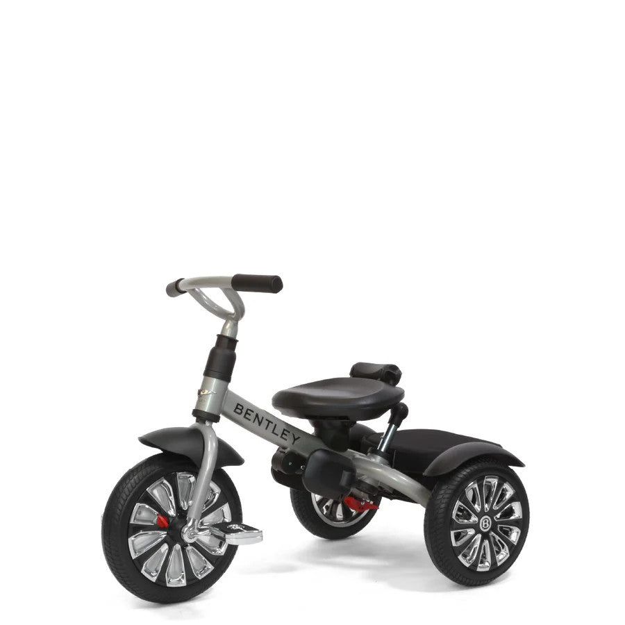 Bentley Trike 6-in-1 V2 Mulliner Cool Stone ride-on toy with silver frame, black seat, chrome wheels
