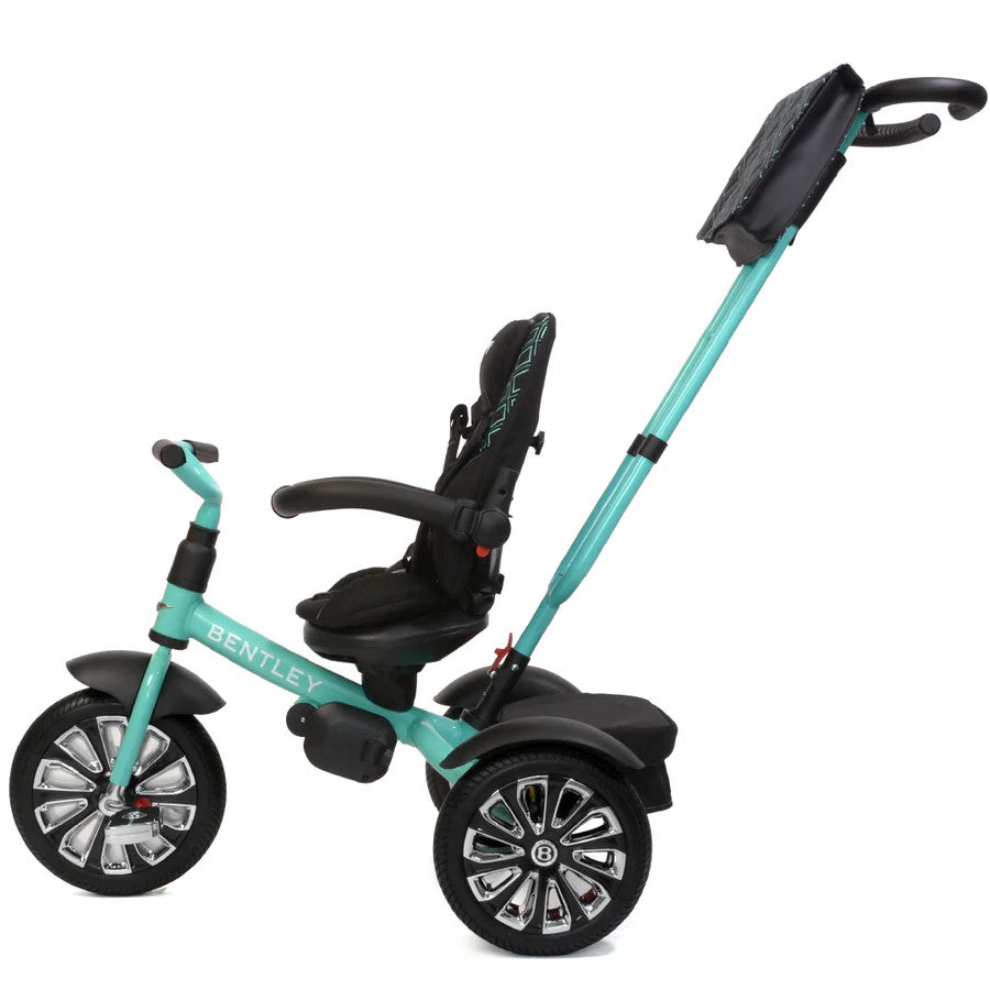 Bentley Trike 6-in-1 V2 Mulliner Celeste with turquoise frame and cushioned seat, adjustable push handle