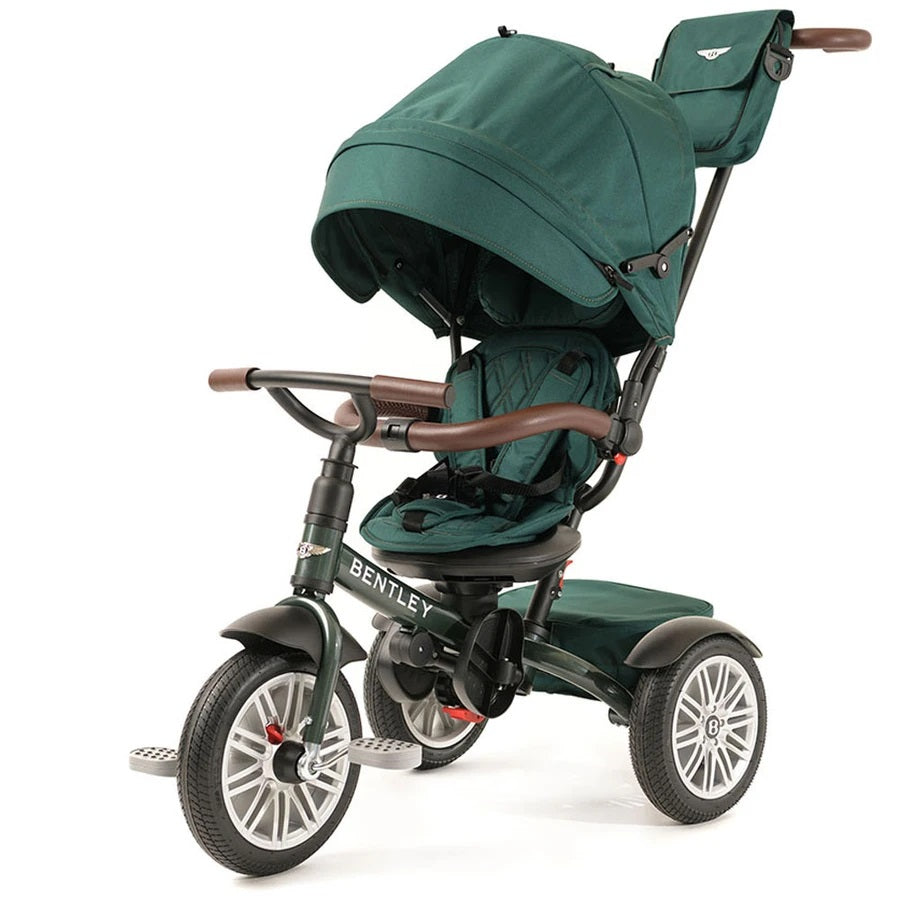Bentley Trike 6-in-1 V2 Spruce Green toddler tricycle with canopy and brown handlebars