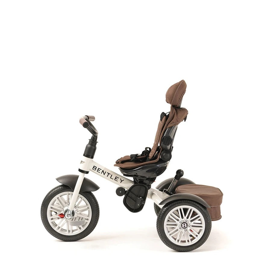 Bentley Trike 6-in-1 V2 white satin toddler tricycle with brown seat and accessories