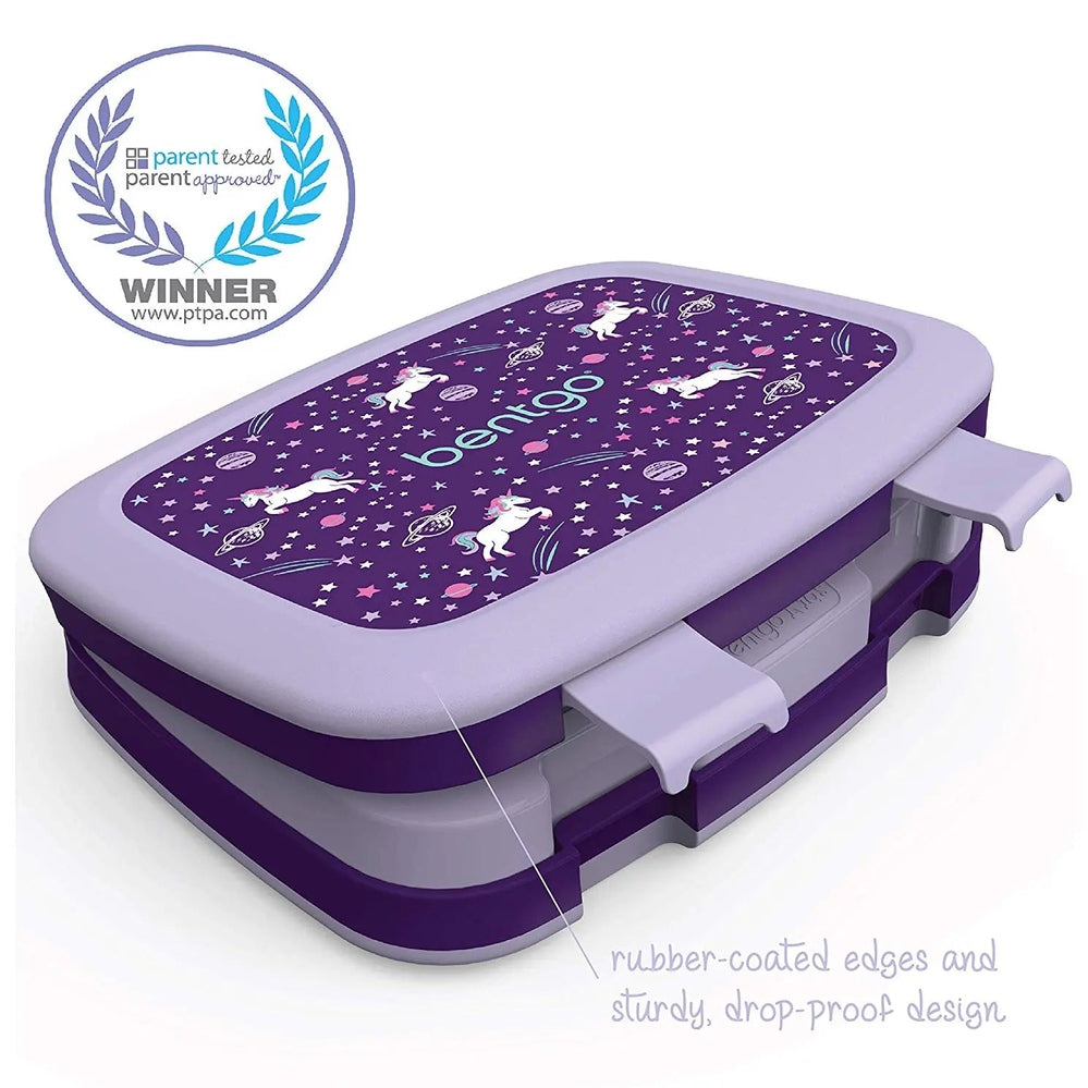 Bentogo Kids Prints Bento Lunch Box, purple lid with unicorns; rubber-coated edges and sturdy latches show drop-proof design.