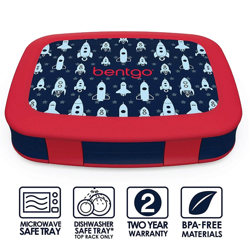 Bentogo Kids Prints Bento Lunch Box, red outer shell with navy rocket-pattern lid, BPA-free and microwave/dishwasher safe.