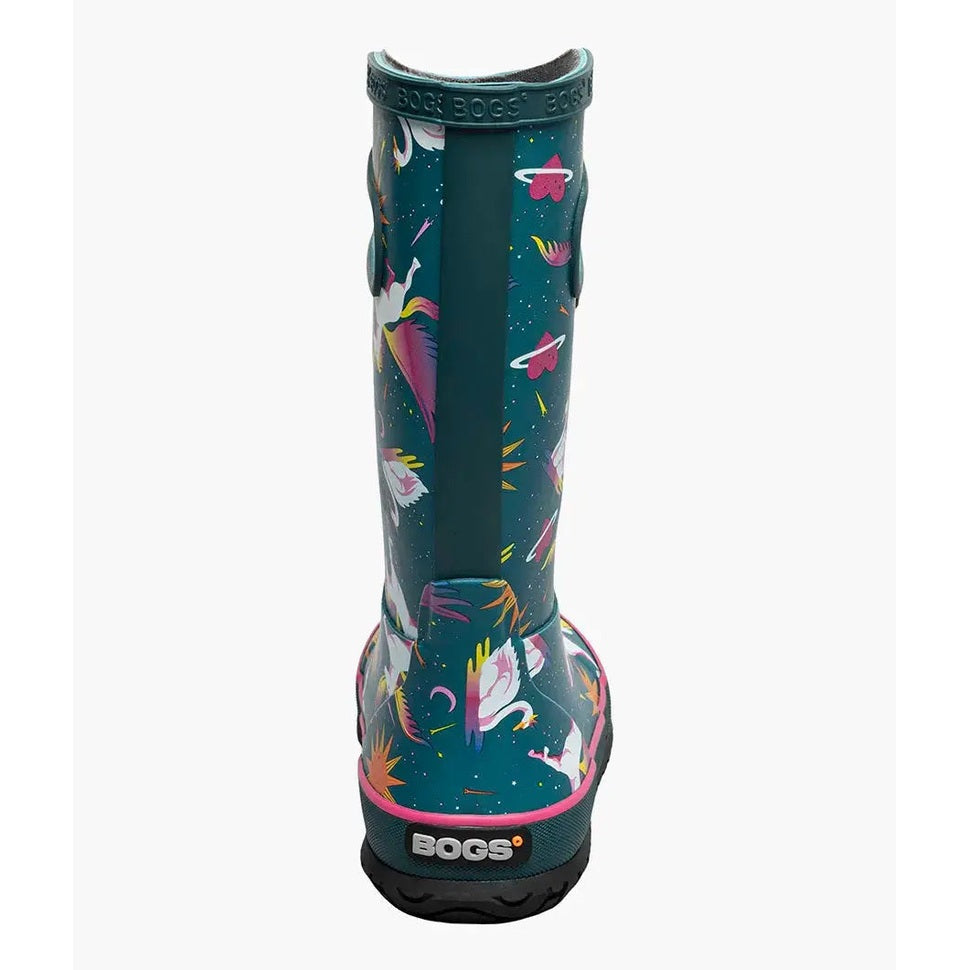 BOGS Rainboot Unicorn Swan toddler boot in teal with pink trim, showing unicorn/swan print.