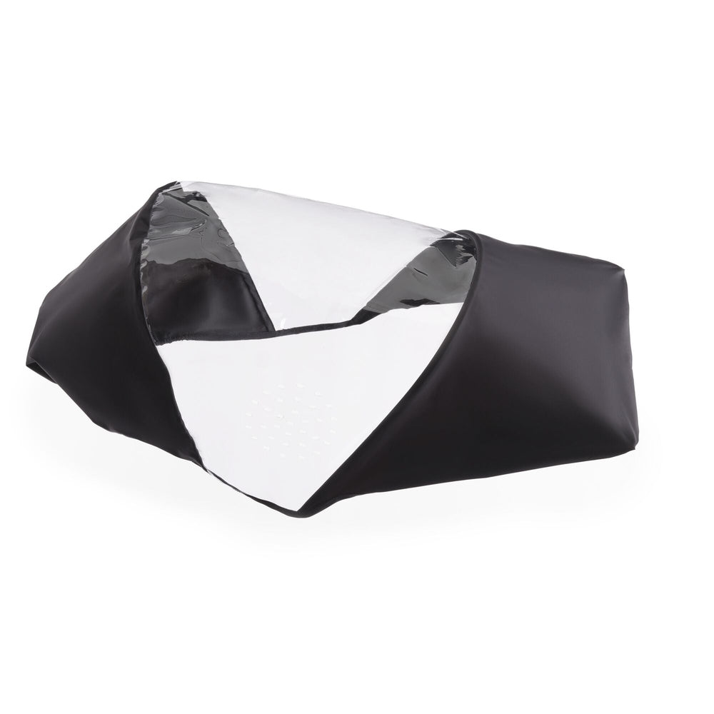 Bugaboo Dragonfly rain cover for stroller; clear panel with black fabric edges and venting