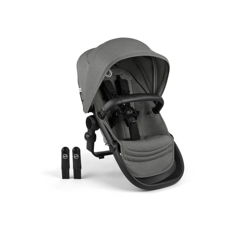 Bugaboo Kangaroo Sibling Seat in gray, with adapters beside the stroller, demonstrating double-stroller compatibility.
