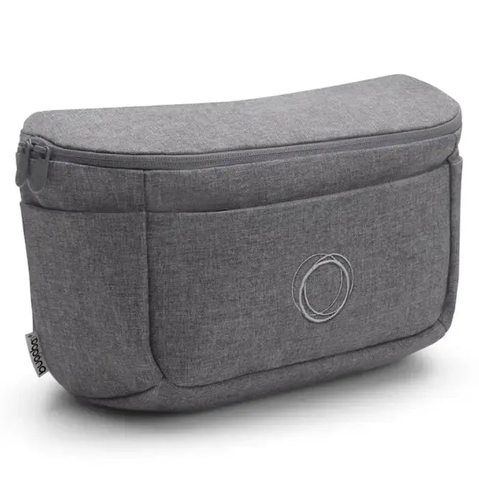Bugaboo Organizer in grey fabric attached to a stroller with zipped pockets for accessories