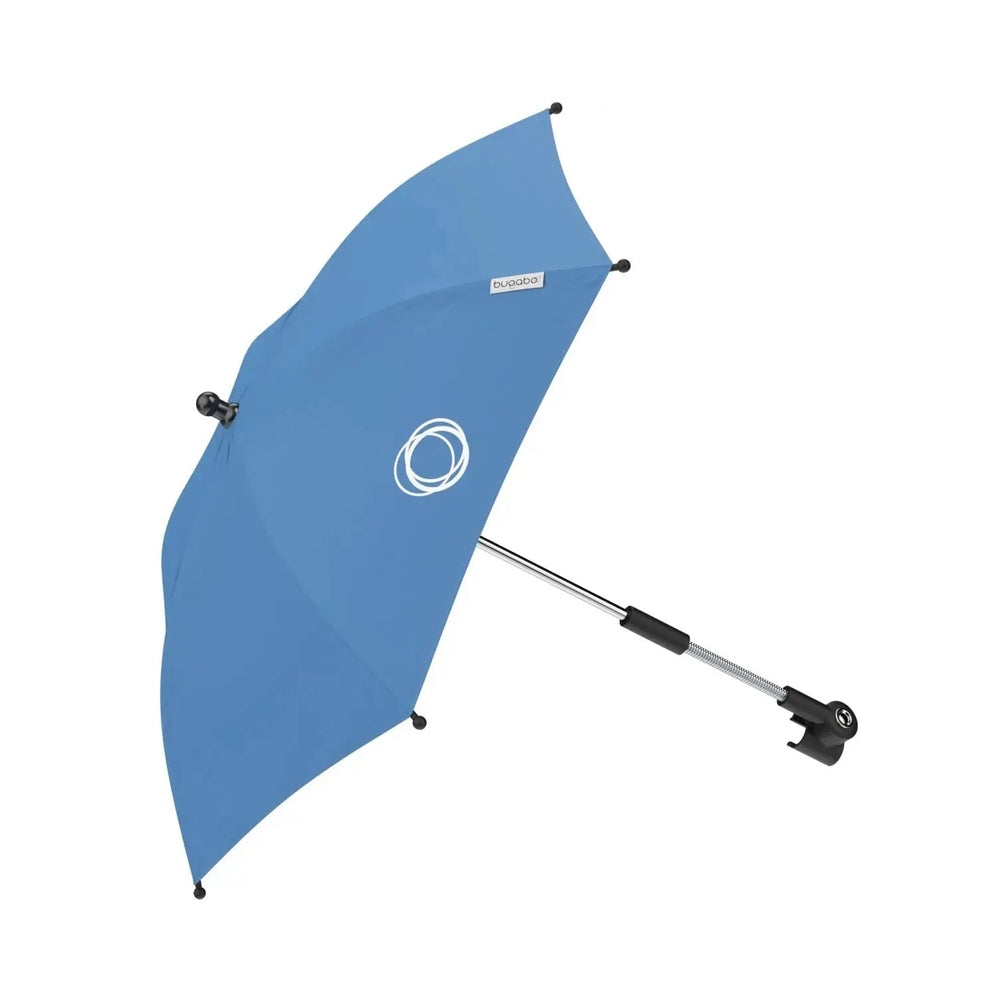 Bugaboo Parasol+ blue stroller parasol with adjustable clamp arm securing to a stroller.