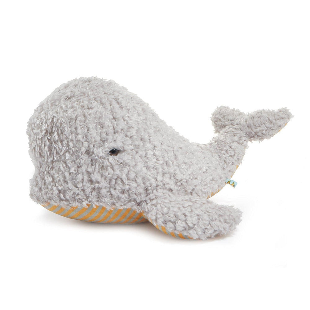 Bartholomew beluga whale plush by Bunnies By The Bay, gray fluffy stuffed animal with yellow striped belly
