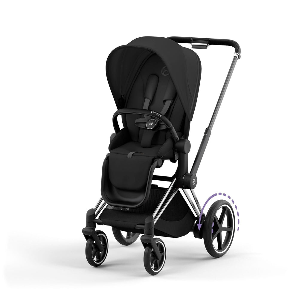 CYBEX e-Priam Chrome Frame Deep Black stroller with Lux Carry Cot, featuring a large rear wheel and sleek canopy in bundle