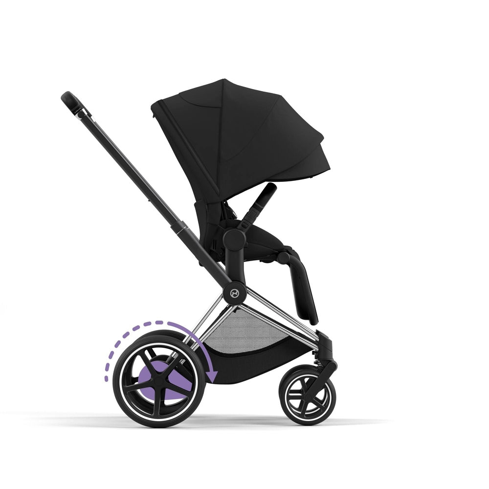 CYBEX e-Priam Chrome Frame/Deep Black stroller with extended canopy and large rear wheels, Lux Carry Cot Sepia Black bundle.