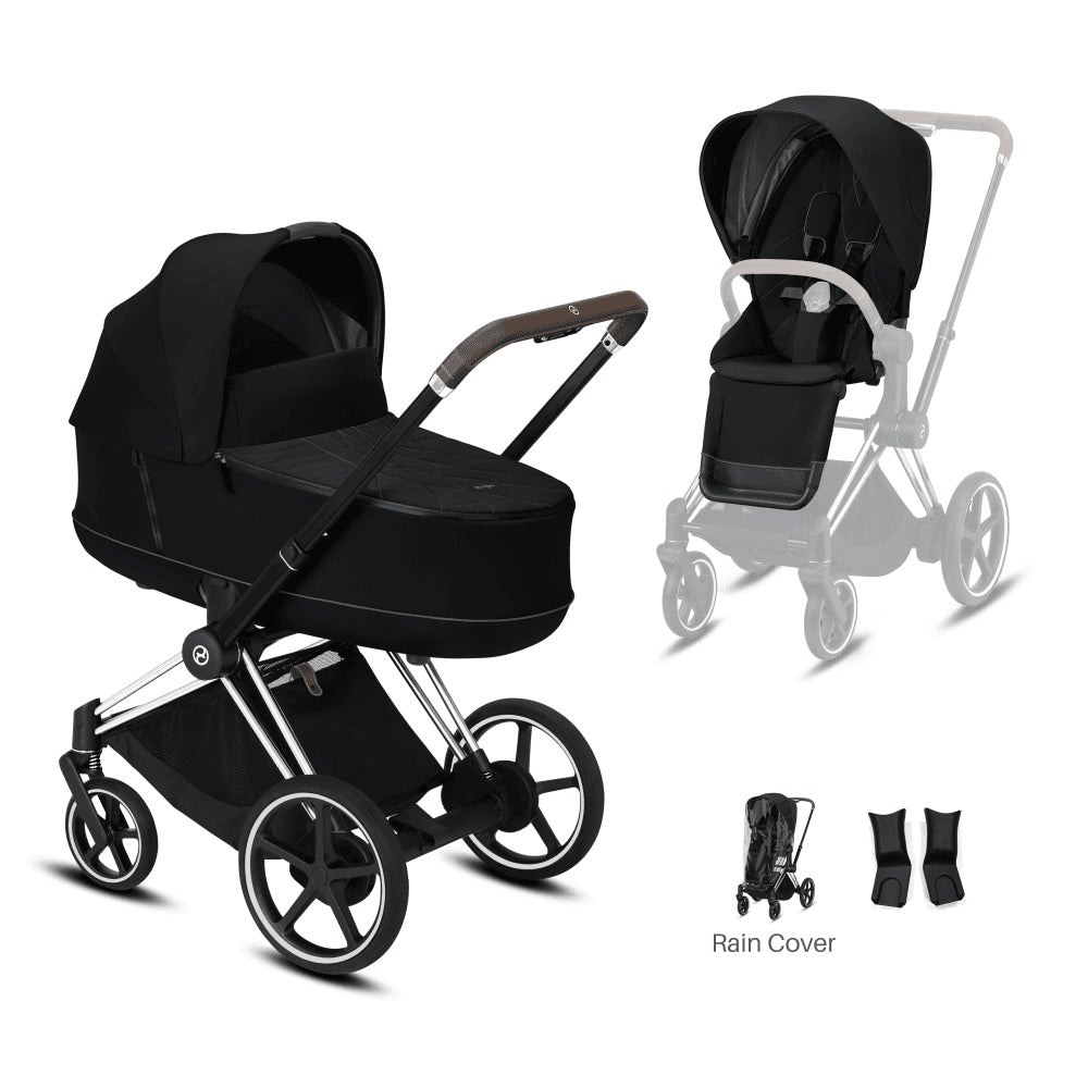 CYBEX e-Priam Chrome Frame Deep Black stroller with Lux Carry Cot Sepia Black bundle; bassinet attached and rain cover included